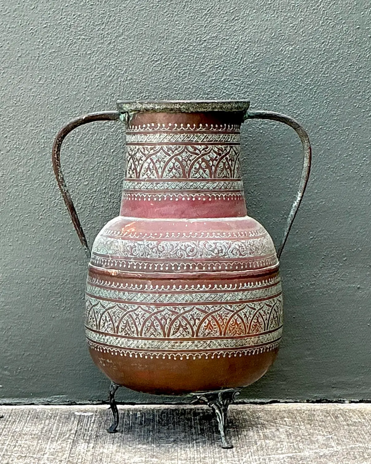 Vintage Engraved Copper Amphora Floor Vase - Detail view