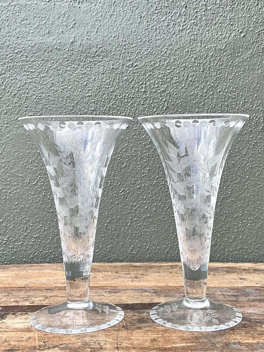 Vintage Etched Glass Trumpet Vases - A Pair - Back view