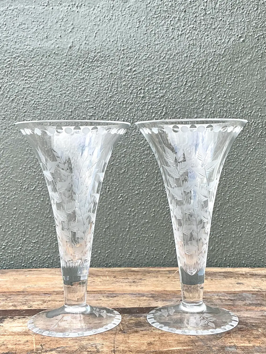 Vintage Etched Glass Trumpet Vases - A Pair - Detail view