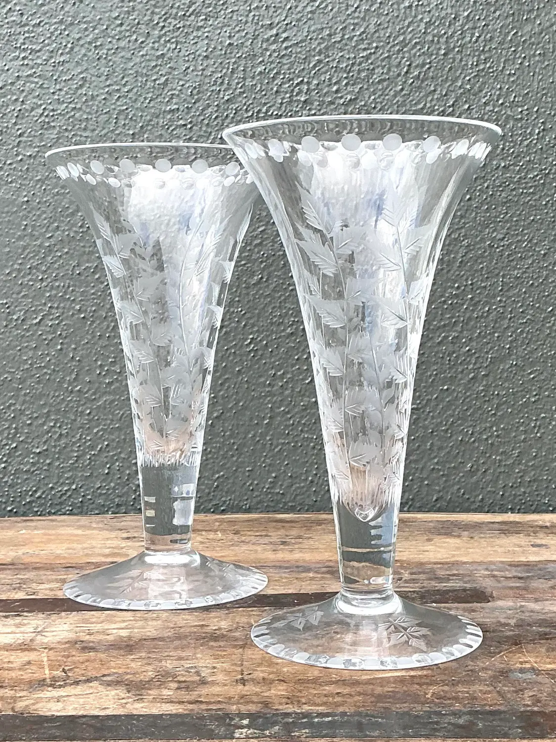 Vintage Etched Glass Trumpet Vases - A Pair - Top view