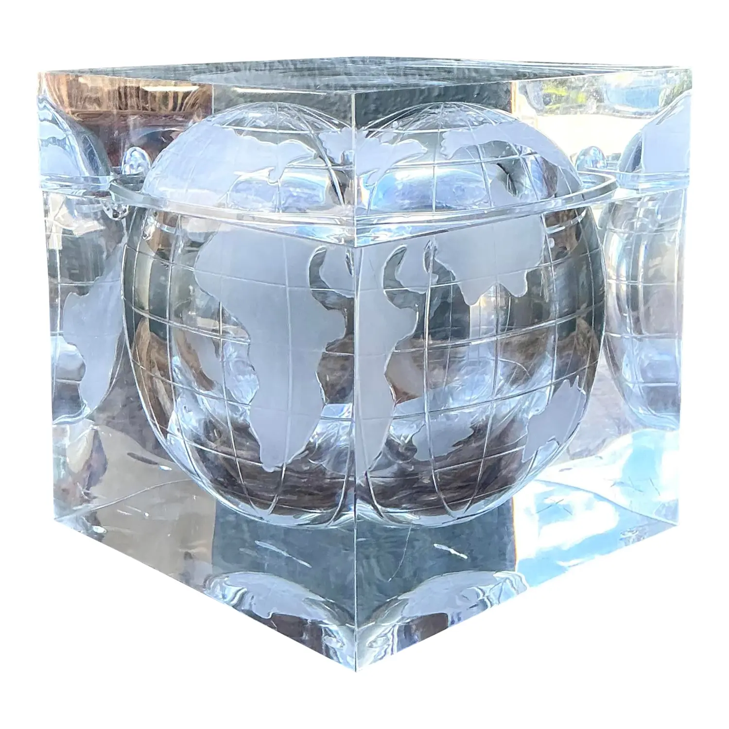 Vintage Etched Lucite Global Ice Bucket