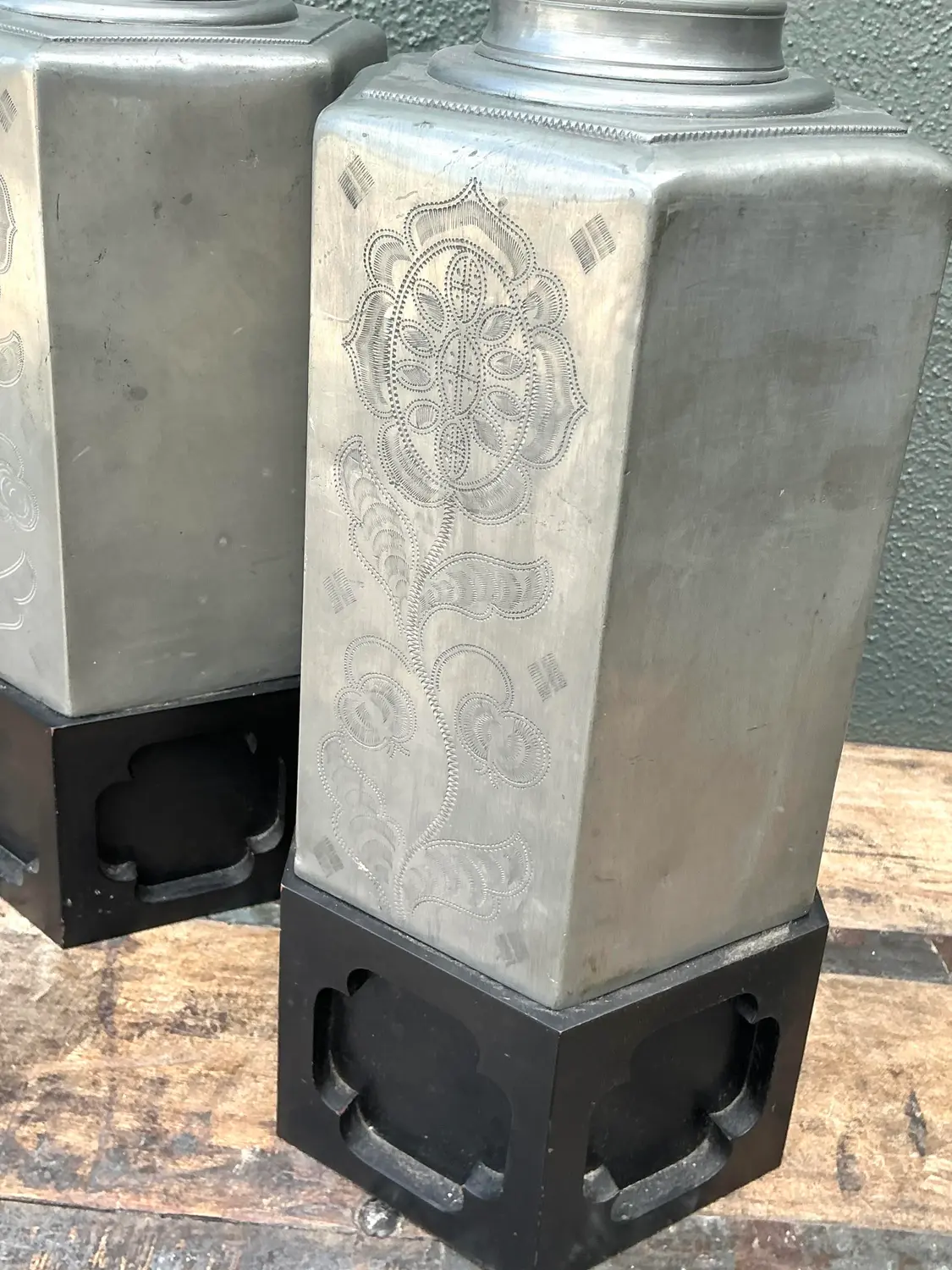 Vintage Etched Metal Lamps - A Pair - Back view
