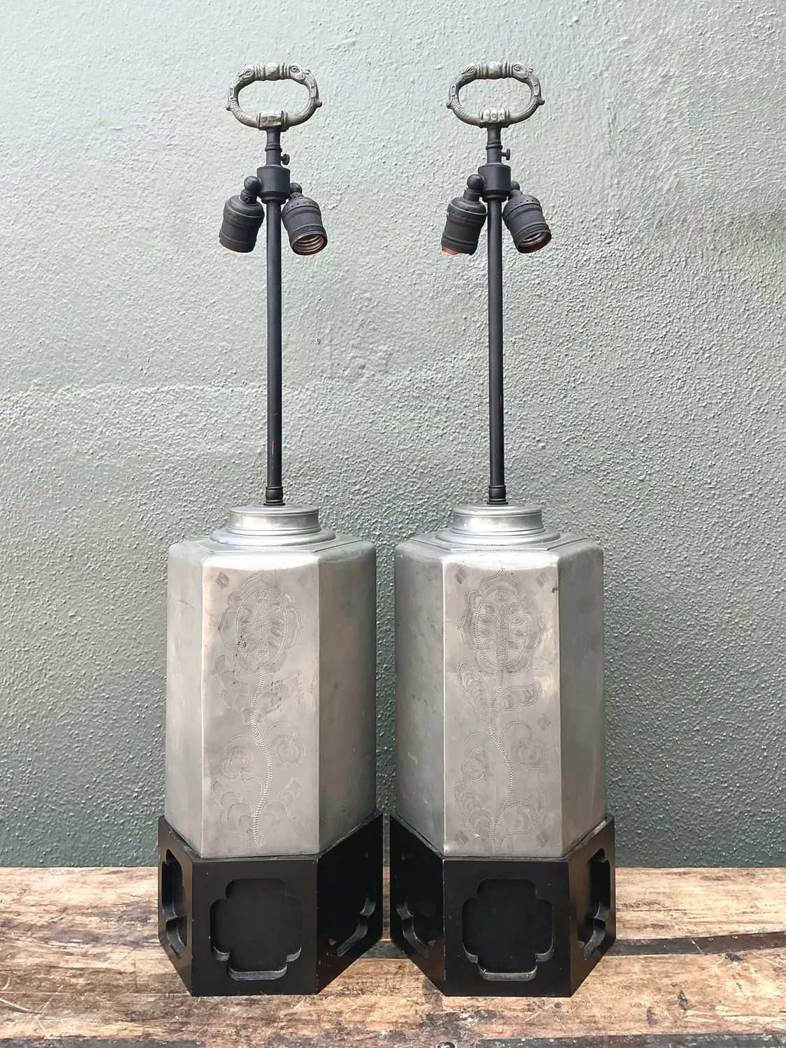 Vintage Etched Metal Lamps - A Pair - Detail view