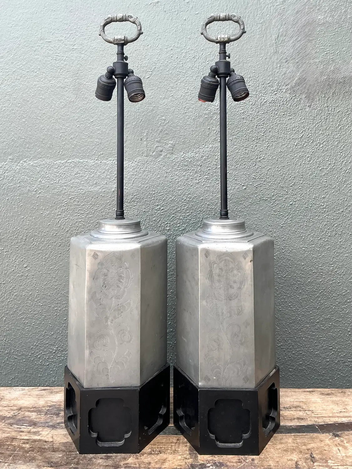 Vintage Etched Metal Lamps - A Pair - Side view