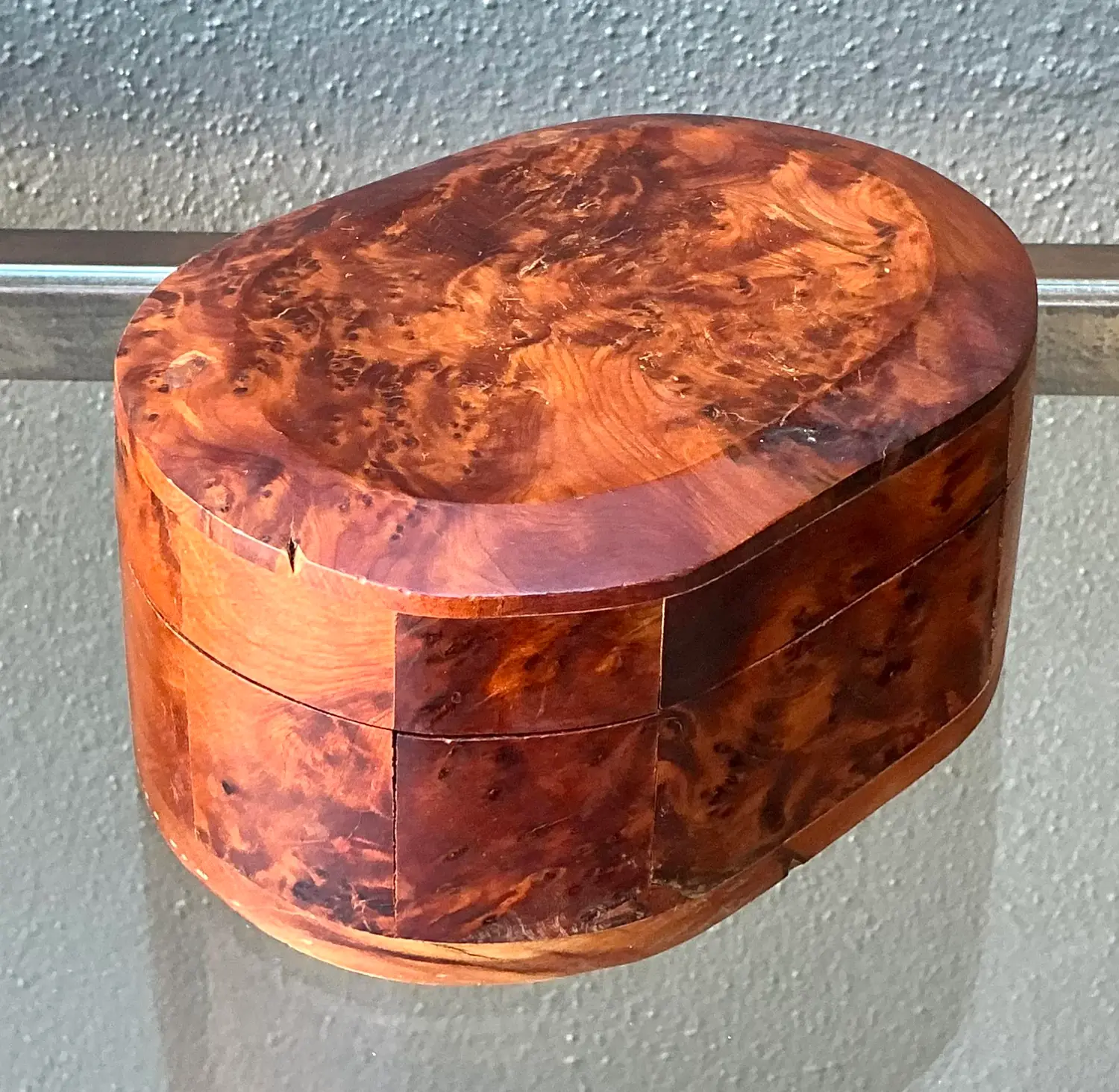 Vintage Faceted Burl Wood Oval Box - Top view