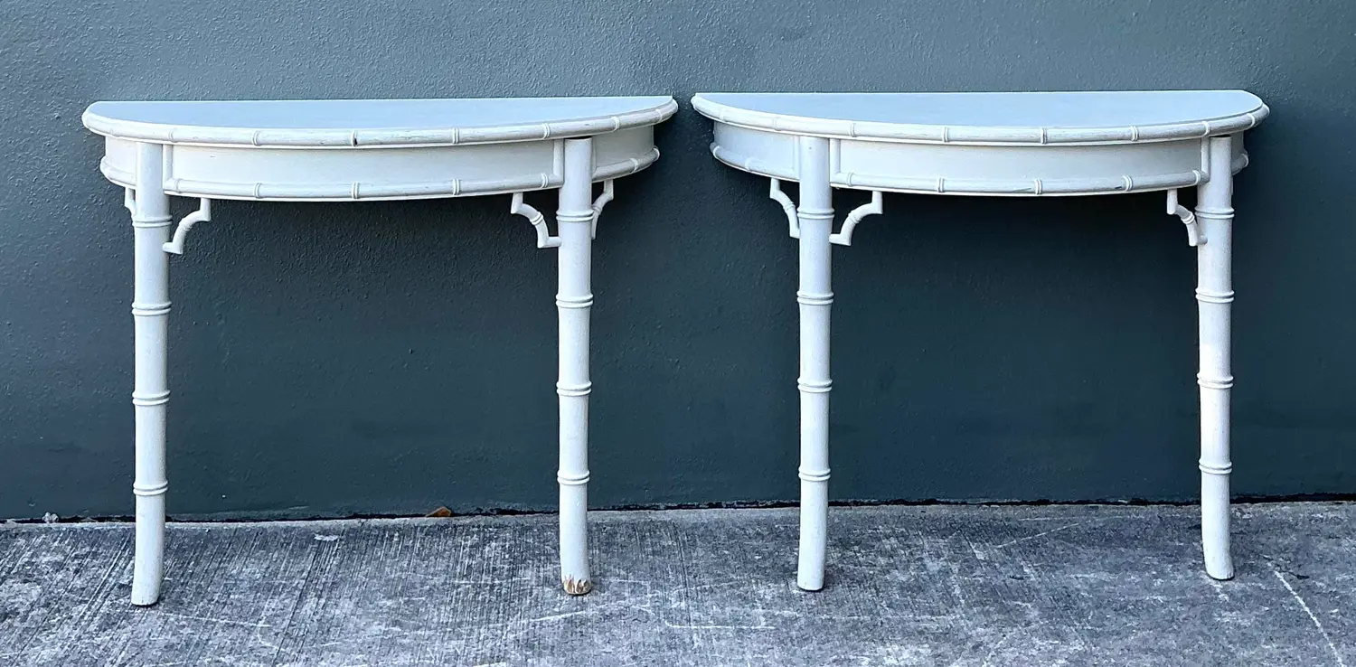 Vintage Faux Bamboo Wall Mount Demilune Console Tables - A Pair - Detail view