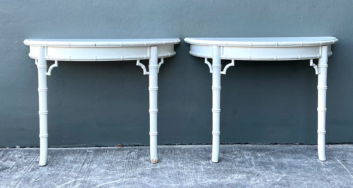 Vintage Faux Bamboo Wall Mount Demilune Console Tables - A Pair - Back view