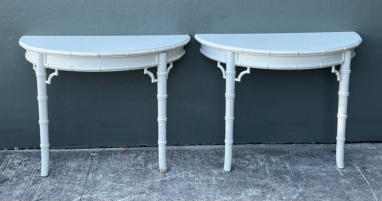 Vintage Faux Bamboo Wall Mount Demilune Console Tables - A Pair - Top view