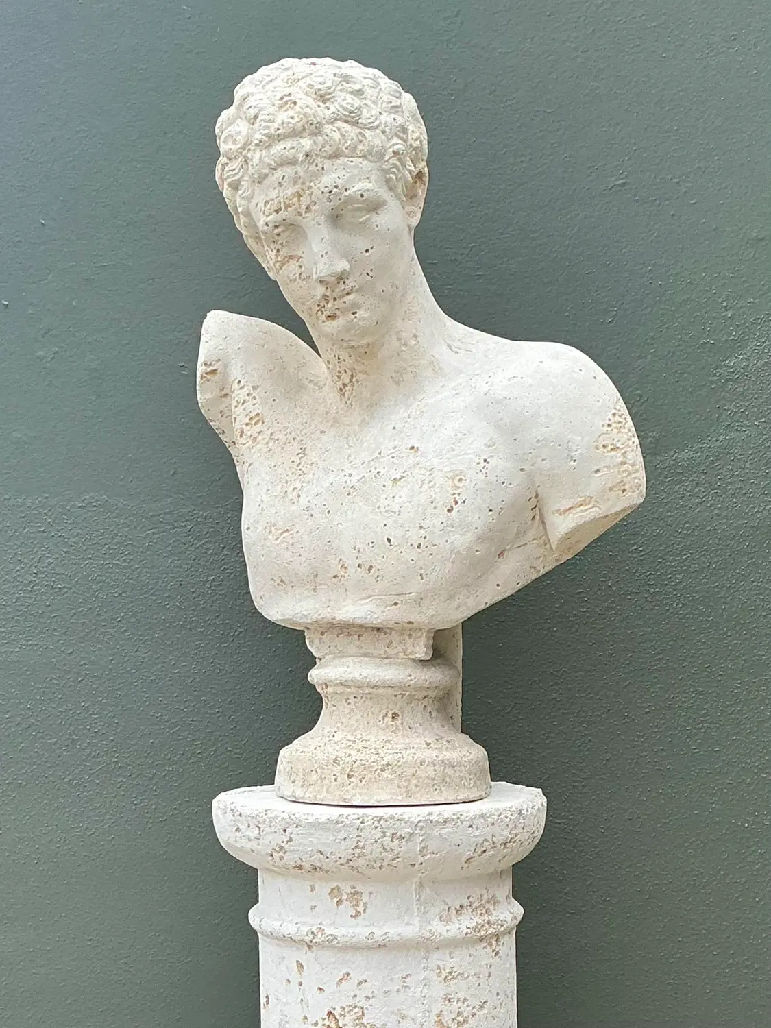 Vintage Faux Coral Cast Plaster Bust of Hermes on Pedestal - Detail view