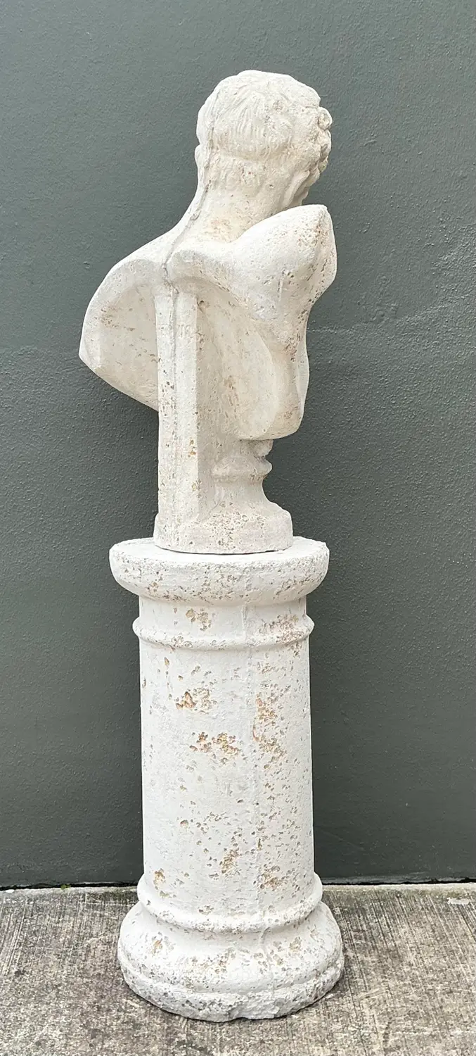 Vintage Faux Coral Cast Plaster Bust of Hermes on Pedestal - Side view
