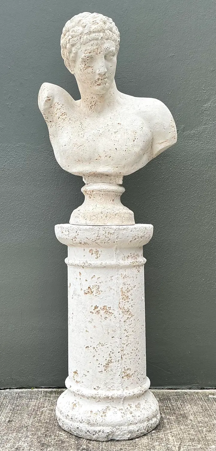 Vintage Faux Coral Cast Plaster Bust of Hermes on Pedestal - Back view