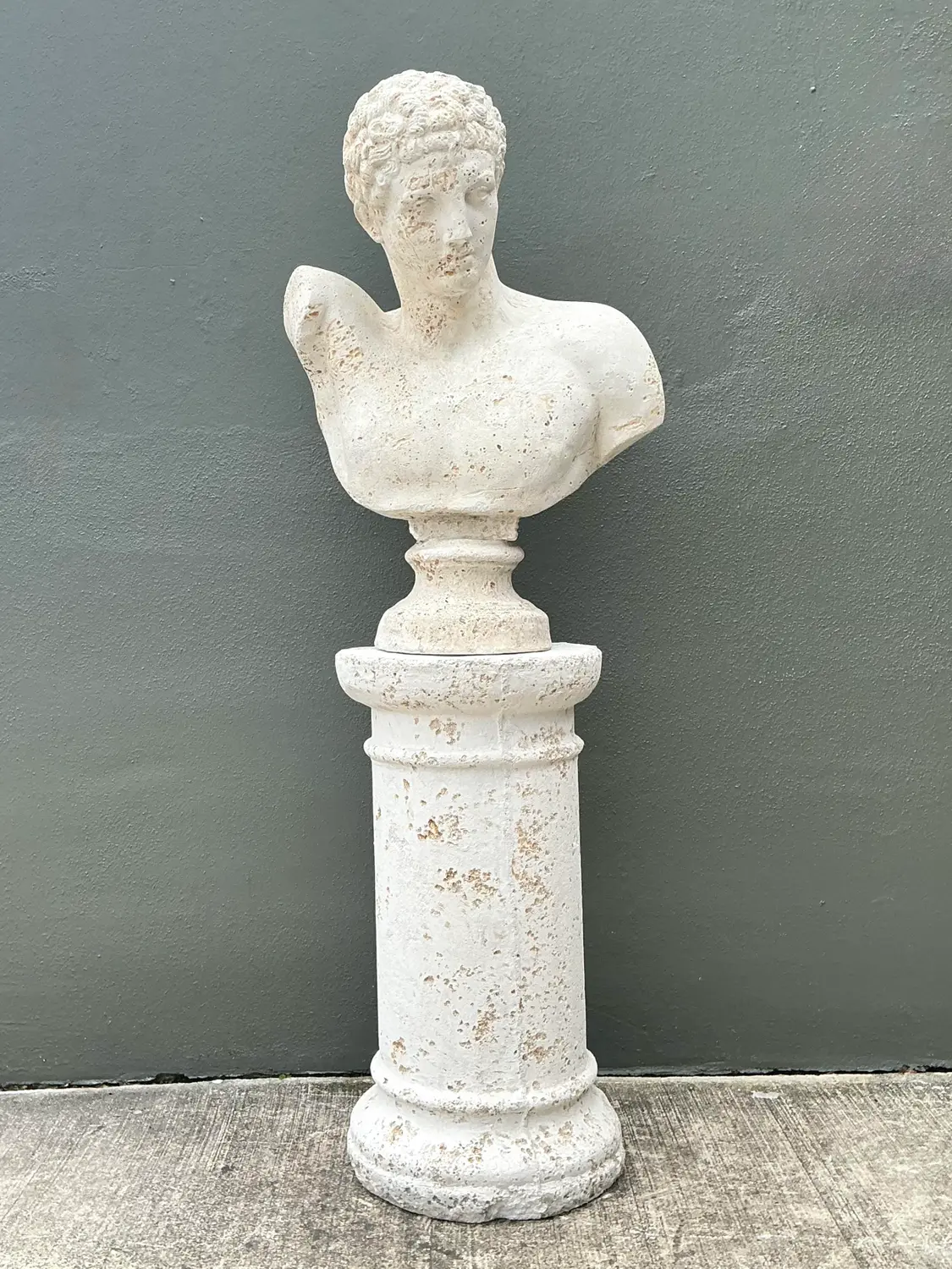 Vintage Faux Coral Cast Plaster Bust of Hermes on Pedestal - Top view
