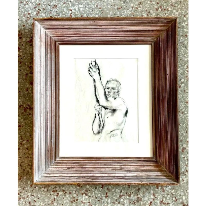 Vintage Figurative Sketch in Wooden Frame - Detail view