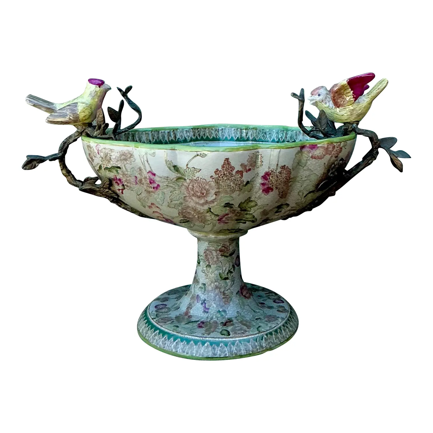Vintage Floral Glazed Ceramic Pedestal Cache Pot