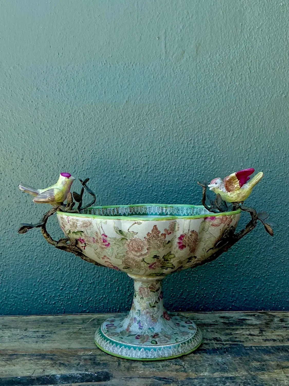 Vintage Floral Glazed Ceramic Pedestal Cache Pot - Detail view