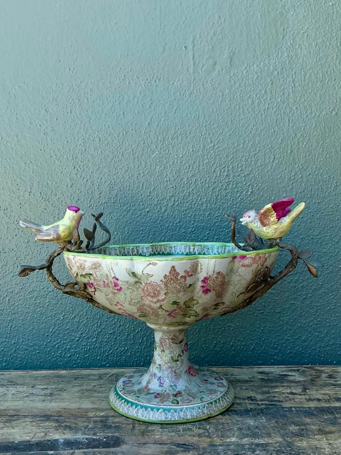 Vintage Floral Glazed Ceramic Pedestal Cache Pot - Side view