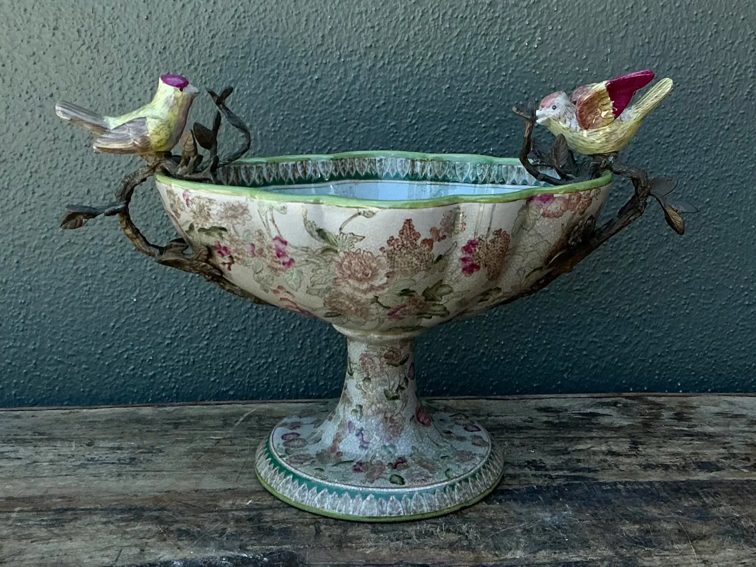 Vintage Floral Glazed Ceramic Pedestal Cache Pot - Back view