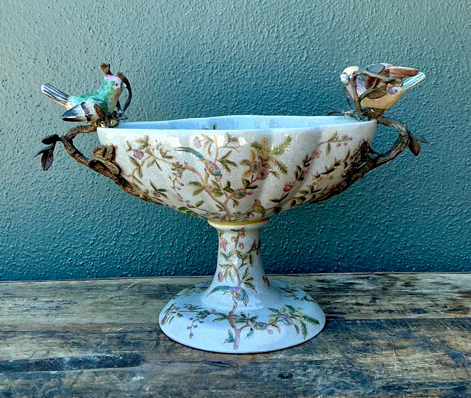 Vintage Floral Glazed Ceramic Pedestal Cache Pot - Side view