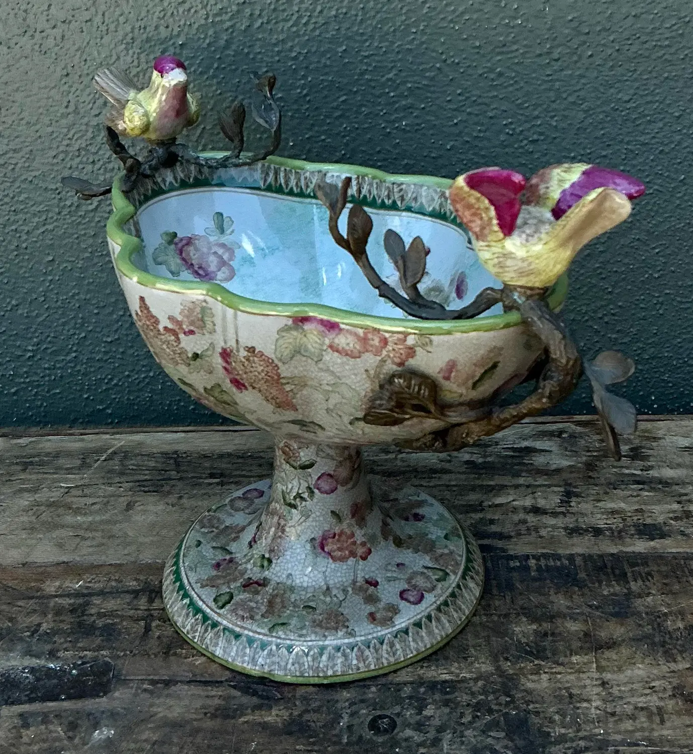 Vintage Floral Glazed Ceramic Pedestal Cache Pot - Top view