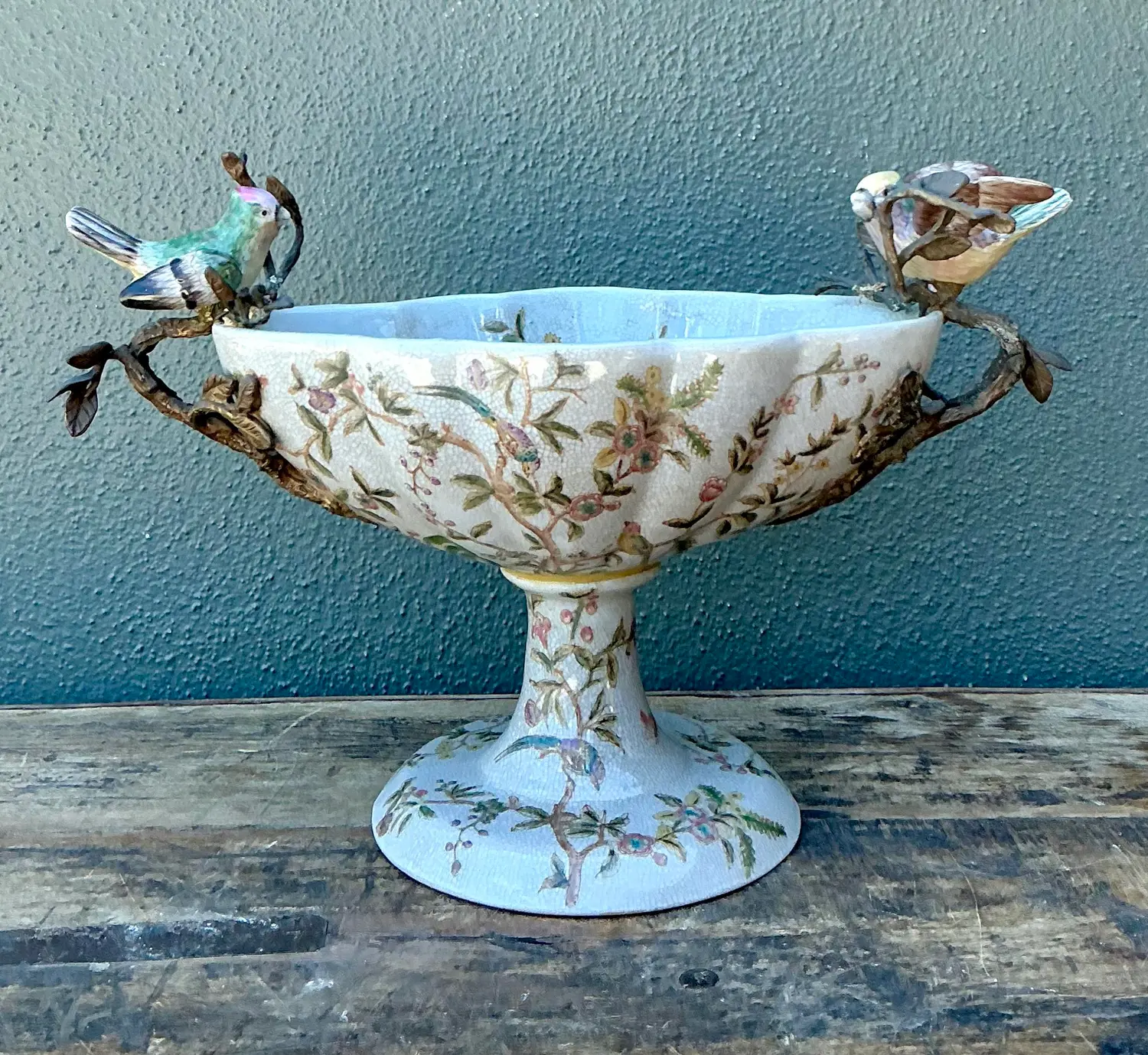Vintage Floral Glazed Ceramic Pedestal Cache Pot - Detail view
