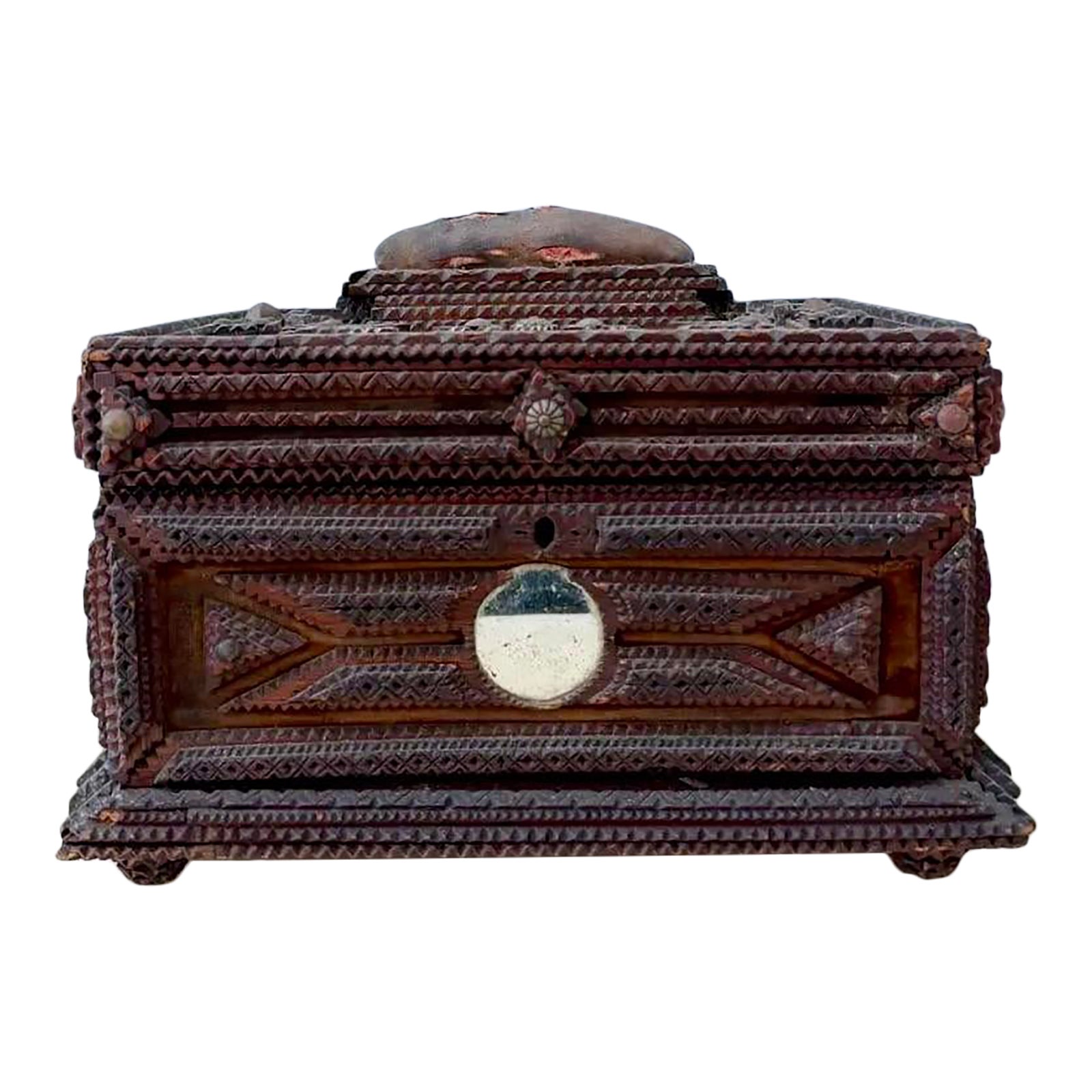 Vintage Folk Art Tramp Art Box With Mirror Detail - Detail view