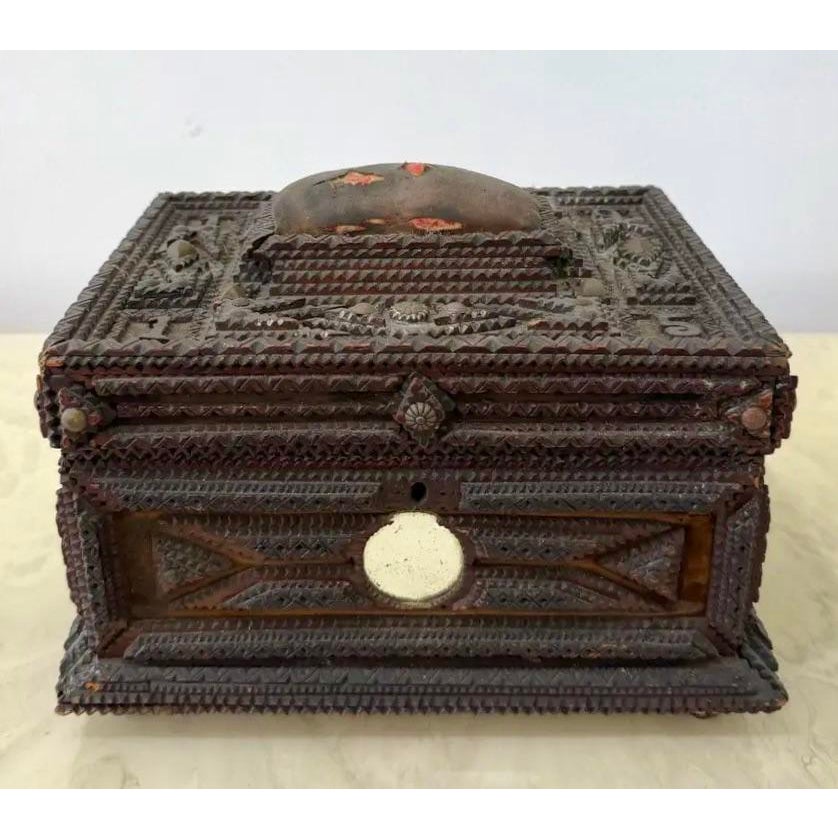 Vintage Folk Art Tramp Art Box With Mirror Detail - Top view