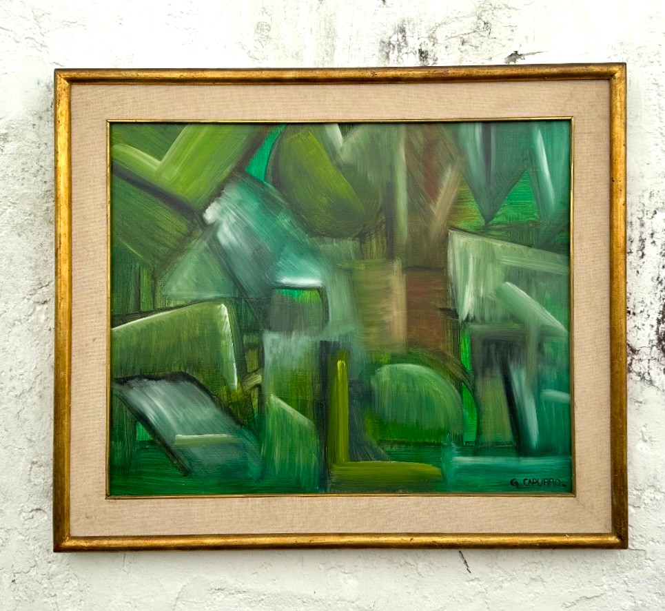 Vintage Framed Abstract Geometric Oil on Canvas, Signed - Back view