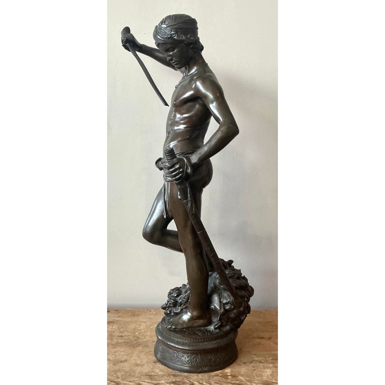 Vintage French Antonin Mercie Cast Bronze “David and Goliath” - Back view