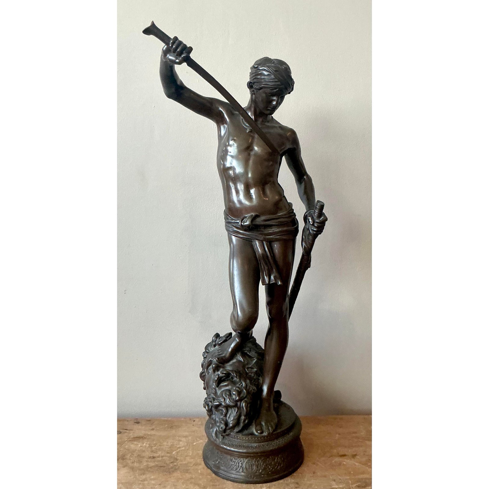 Vintage French Antonin Mercie Cast Bronze “David and Goliath” - Detail view