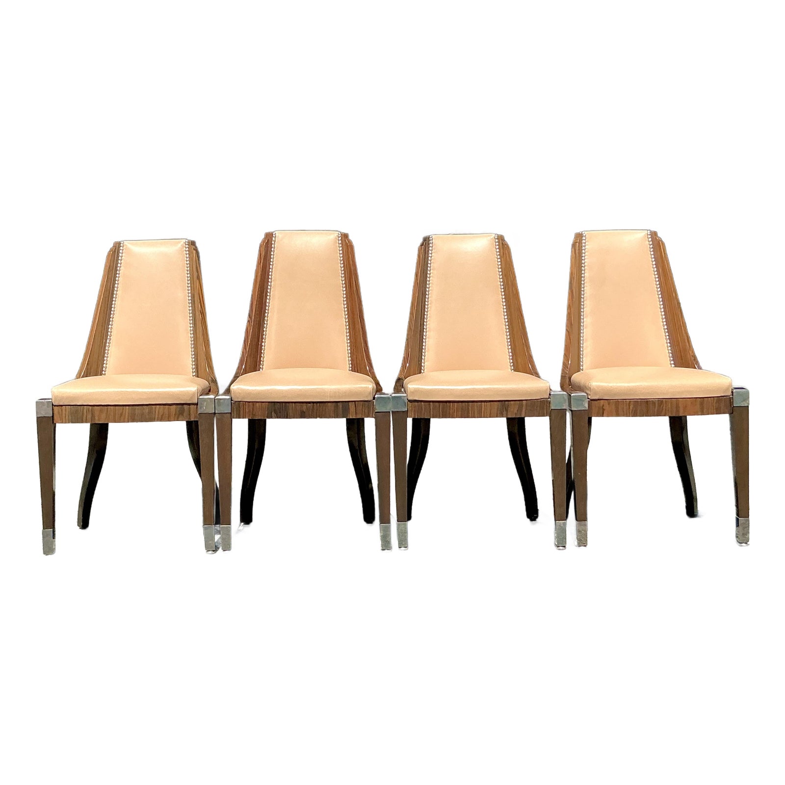 Vintage French Art Deco Burl and Leather Dining Chairs After Ruhlman -Set of 4 - Detail view
