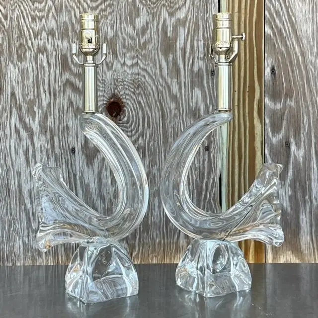 Vintage French Daum “Poissons” Crystal Lamps - a Pair - Side view