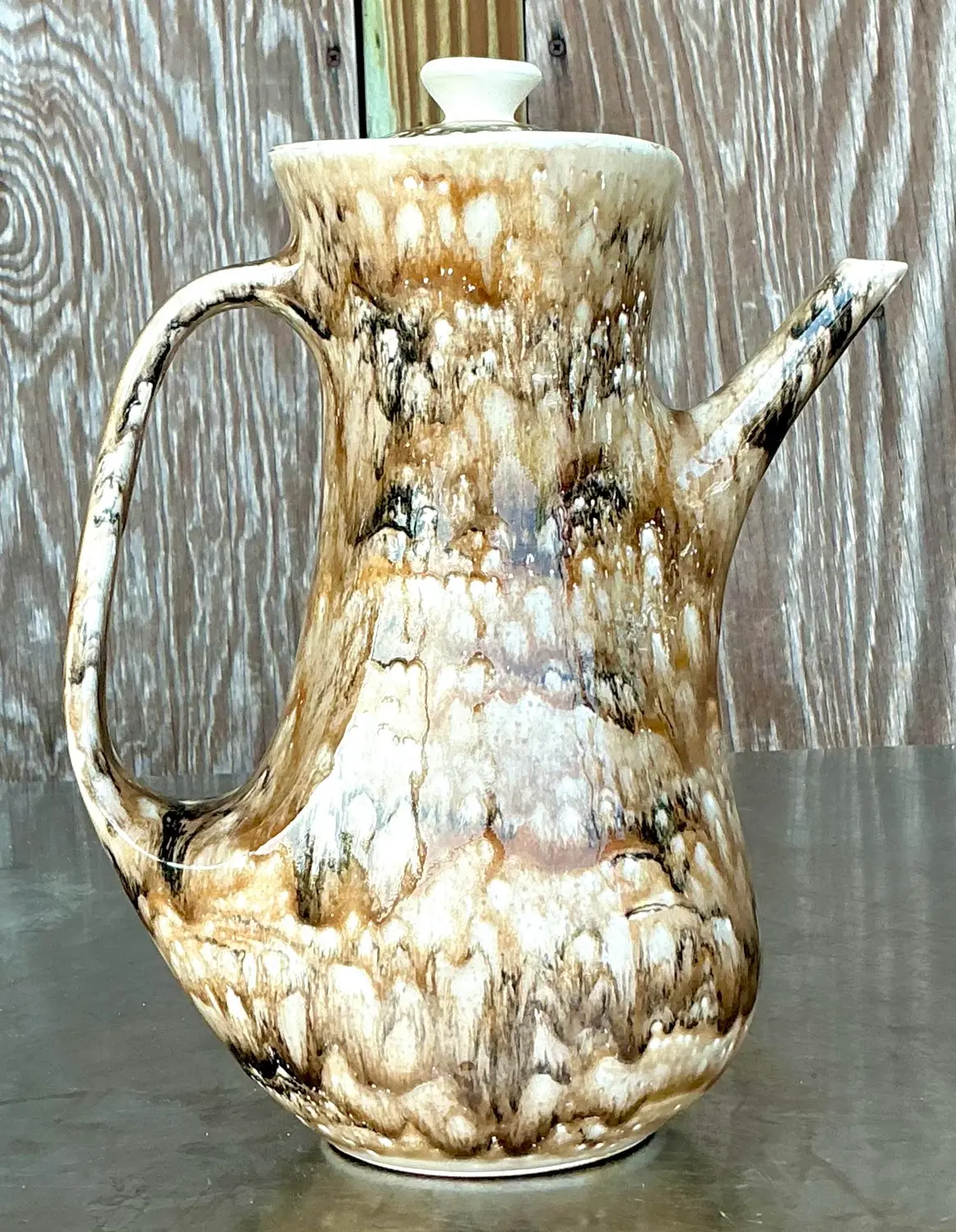 Vintage French Drip Glaze Coffee Pot - Side view
