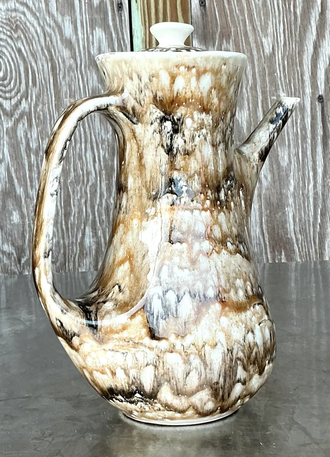 Vintage French Drip Glaze Coffee Pot - Detail view