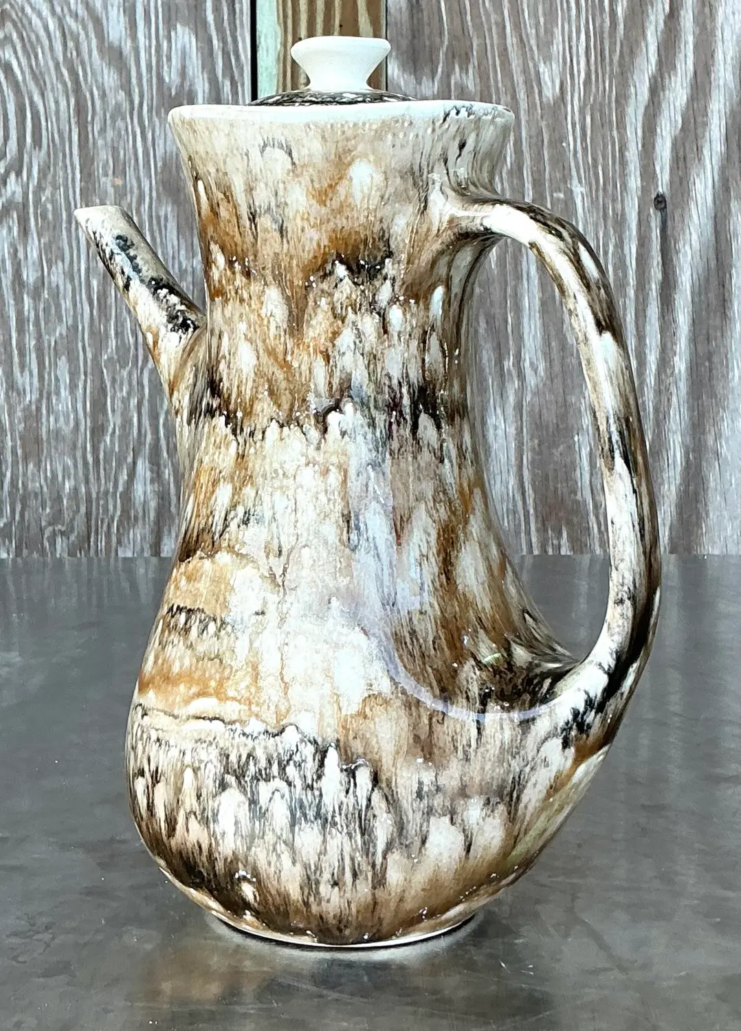 Vintage French Drip Glaze Coffee Pot - Top view