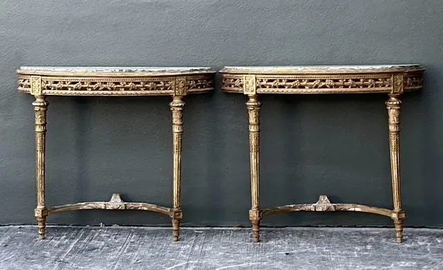 Vintage French Giltwood Marble Top Demilune Console Tables - A Pair - Detail view