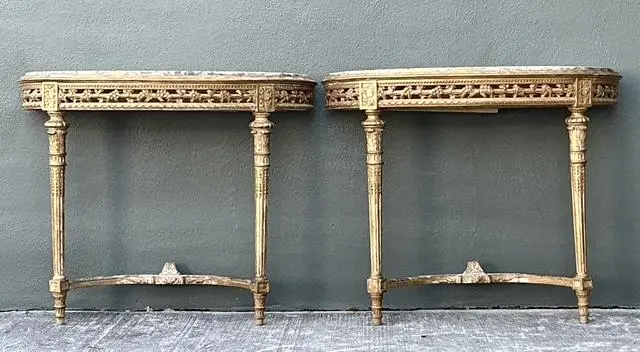 Vintage French Giltwood Marble Top Demilune Console Tables - A Pair - Side view