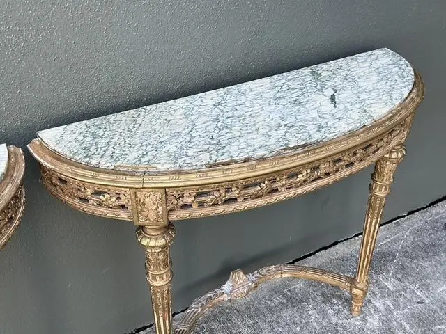 Vintage French Giltwood Marble Top Demilune Console Tables - A Pair - Top view