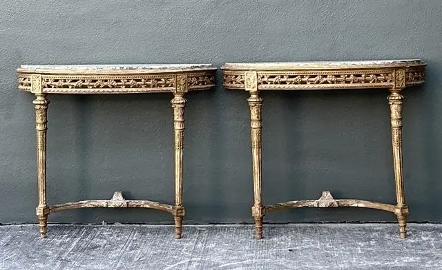 Vintage French Giltwood Marble Top Demilune Console Tables - A Pair - Back view