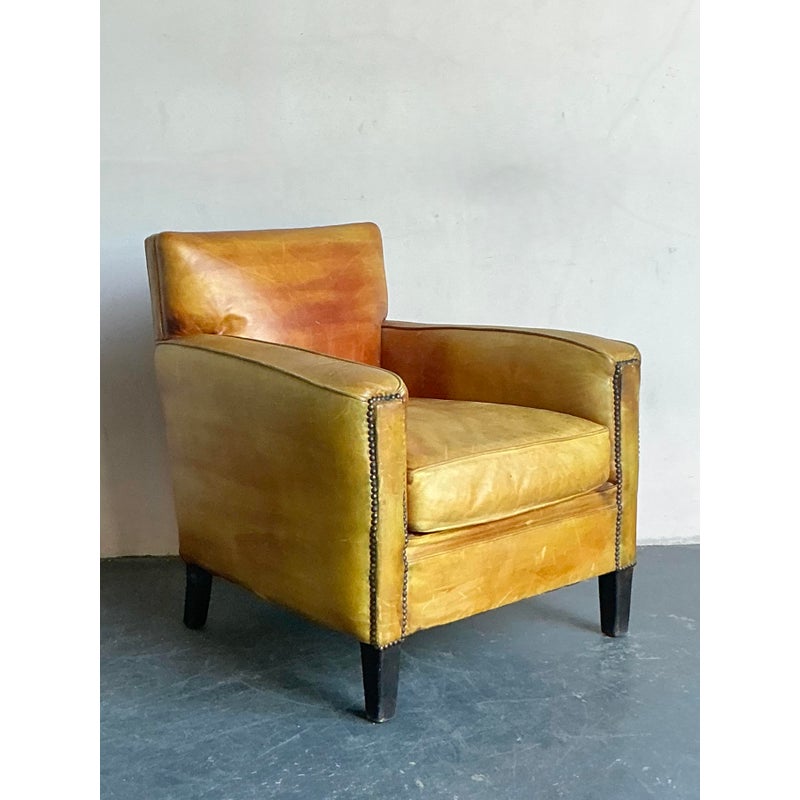 Vintage French Nailhead Stained Leather Club Chair - Detail view