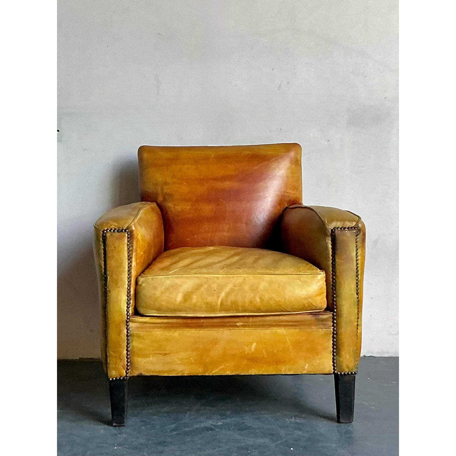 Vintage French Nailhead Stained Leather Club Chair - Side view