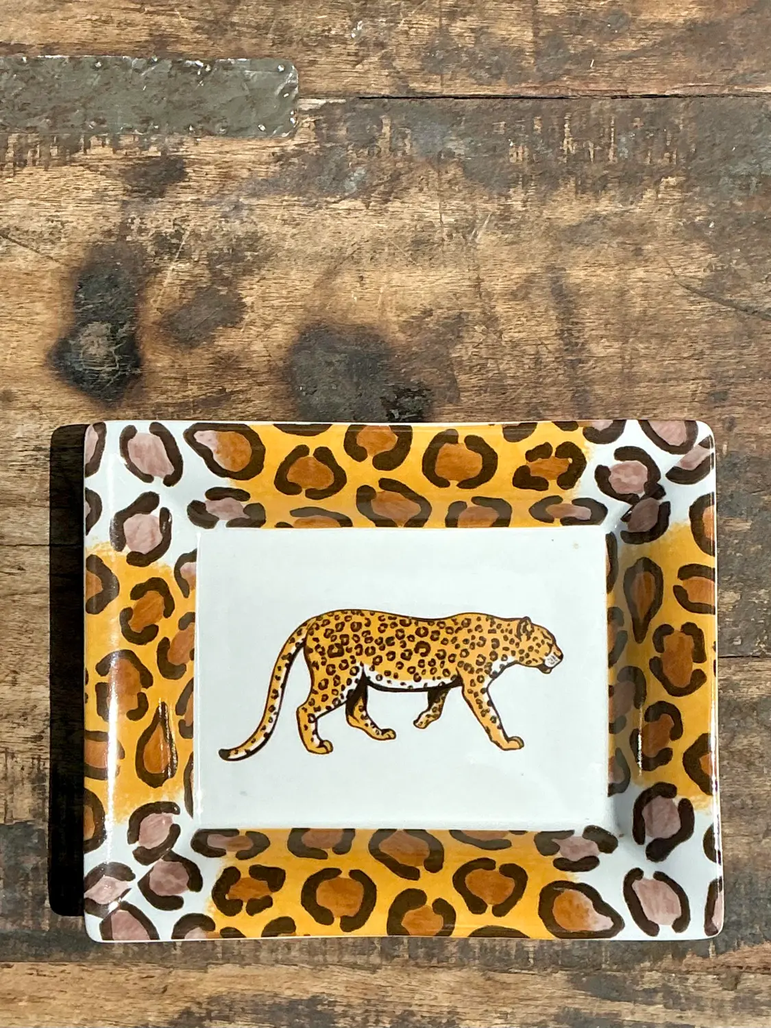 Vintage French Patricia Derouboix Limoges Cheetah Ceramic Tray - Detail view