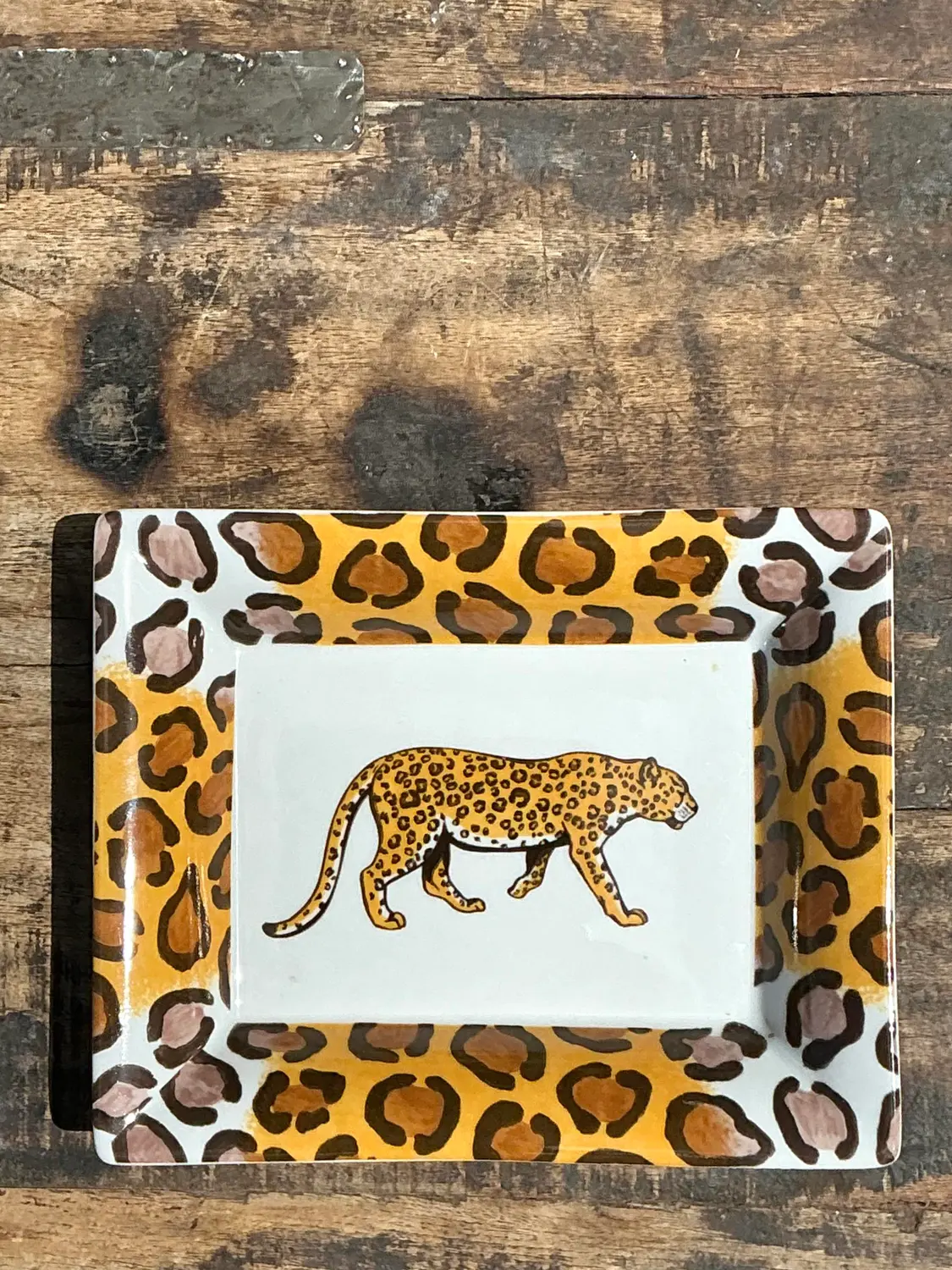Vintage French Patricia Derouboix Limoges Cheetah Ceramic Tray - Top view