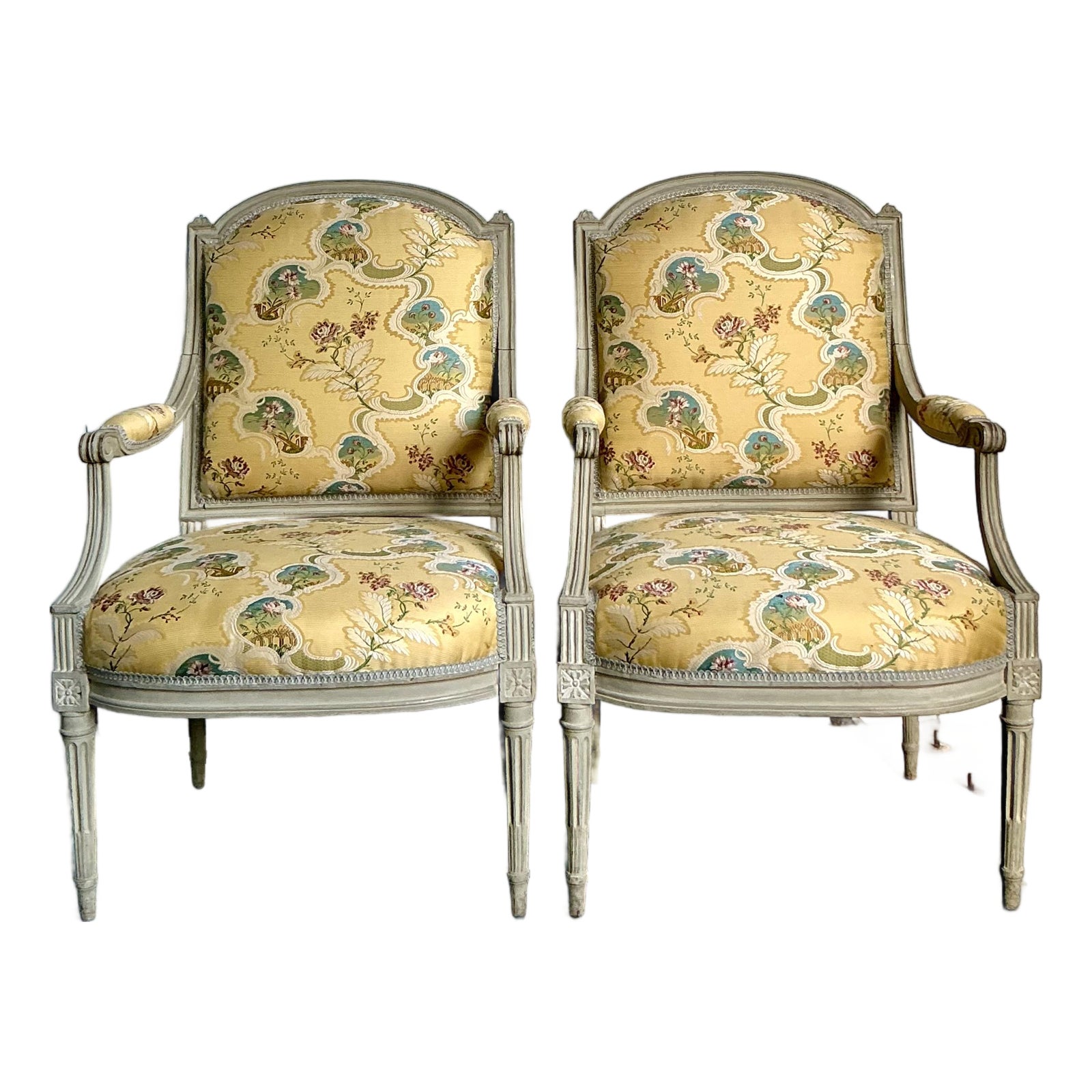 Vintage French Regency Fauteuils With Embroidered Jacquard Uoholdtery - A Pair