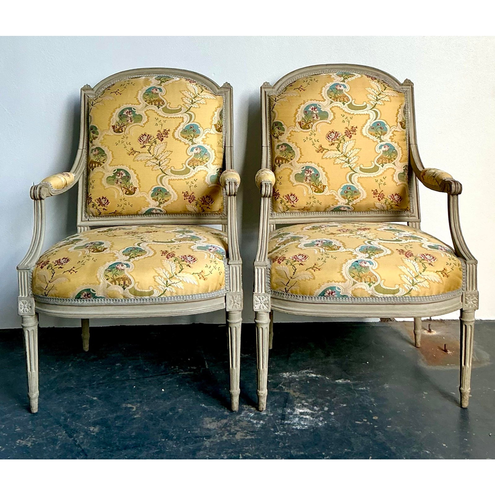 Vintage French Regency Fauteuils With Embroidered Jacquard Uoholdtery - A Pair - Detail view
