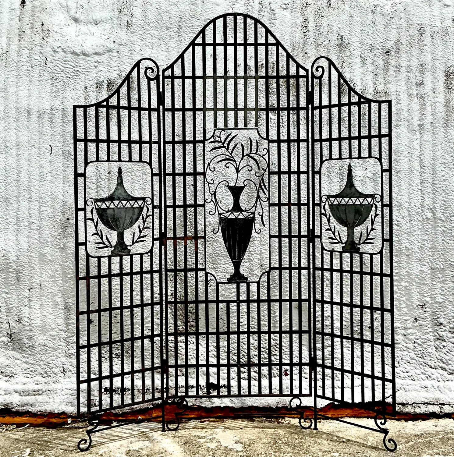 Vintage French Regency Wrought Iron Urn Folding Screen - Side view