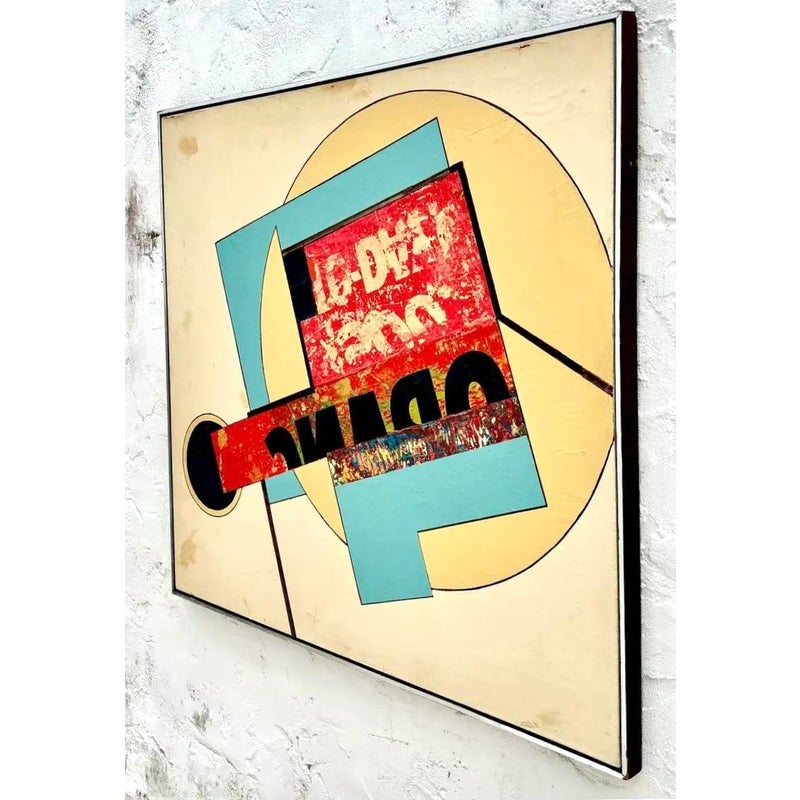 Vintage Geometric Abstract Painting in Silver Frame - Side view