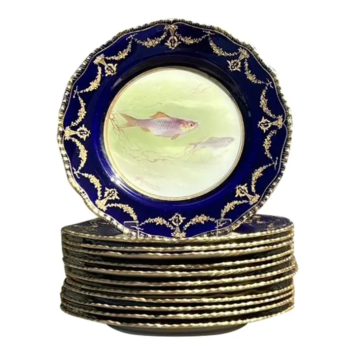 Vintage Gilt Tipped Doulton Burslem Fish Plates - Set of 12