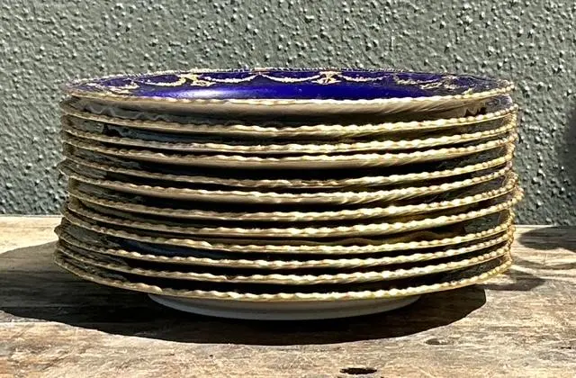 Vintage Gilt Tipped Doulton Burslem Fish Plates - Set of 12 - Top view