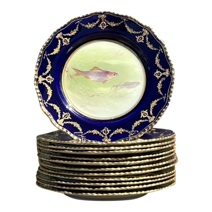 Vintage Gilt Tipped Doulton Burslem Fish Plates - Set of 12 - Detail view