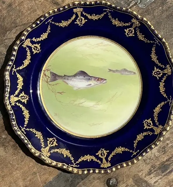 Vintage Gilt Tipped Doulton Burslem Fish Plates - Set of 12 - Back view
